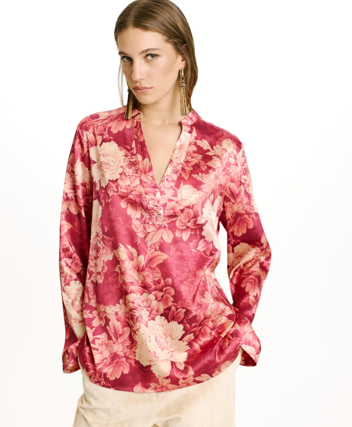 Momoni Chemises Et Blouses*BLOUSE ATLANTA EN SATIN STRETCH IMPRIMÉ - FUCHSIA/CRÈME Fuchsia/Crème