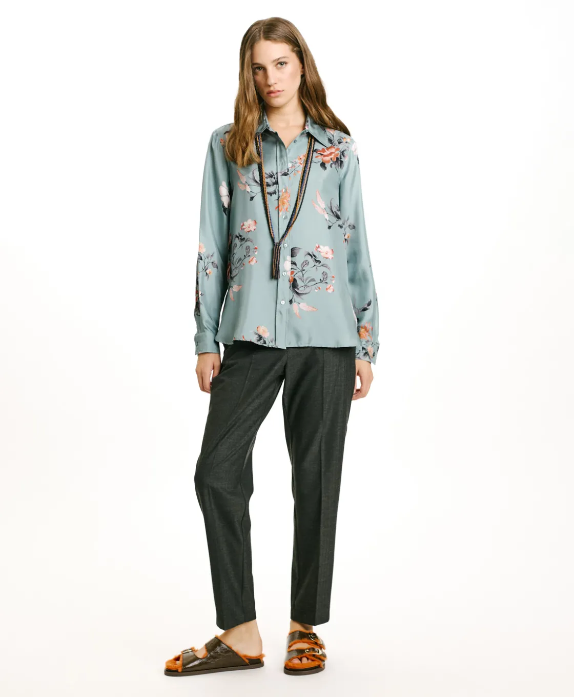 Momoni Chemises Et Blouses*CHEMISIER ARLES EN SERGÉ DE SOIE IMPRIMÉ - BLEU CLAIR/TABAC LightBlue/Tobaco