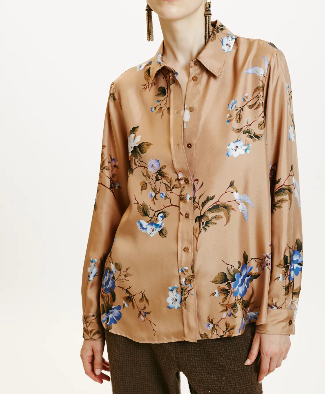 Momoni Chemises Et Blouses*CHEMISIER ARLES EN SERGÉ DE SOIE IMPRIMÉ - Tabac/Bluette