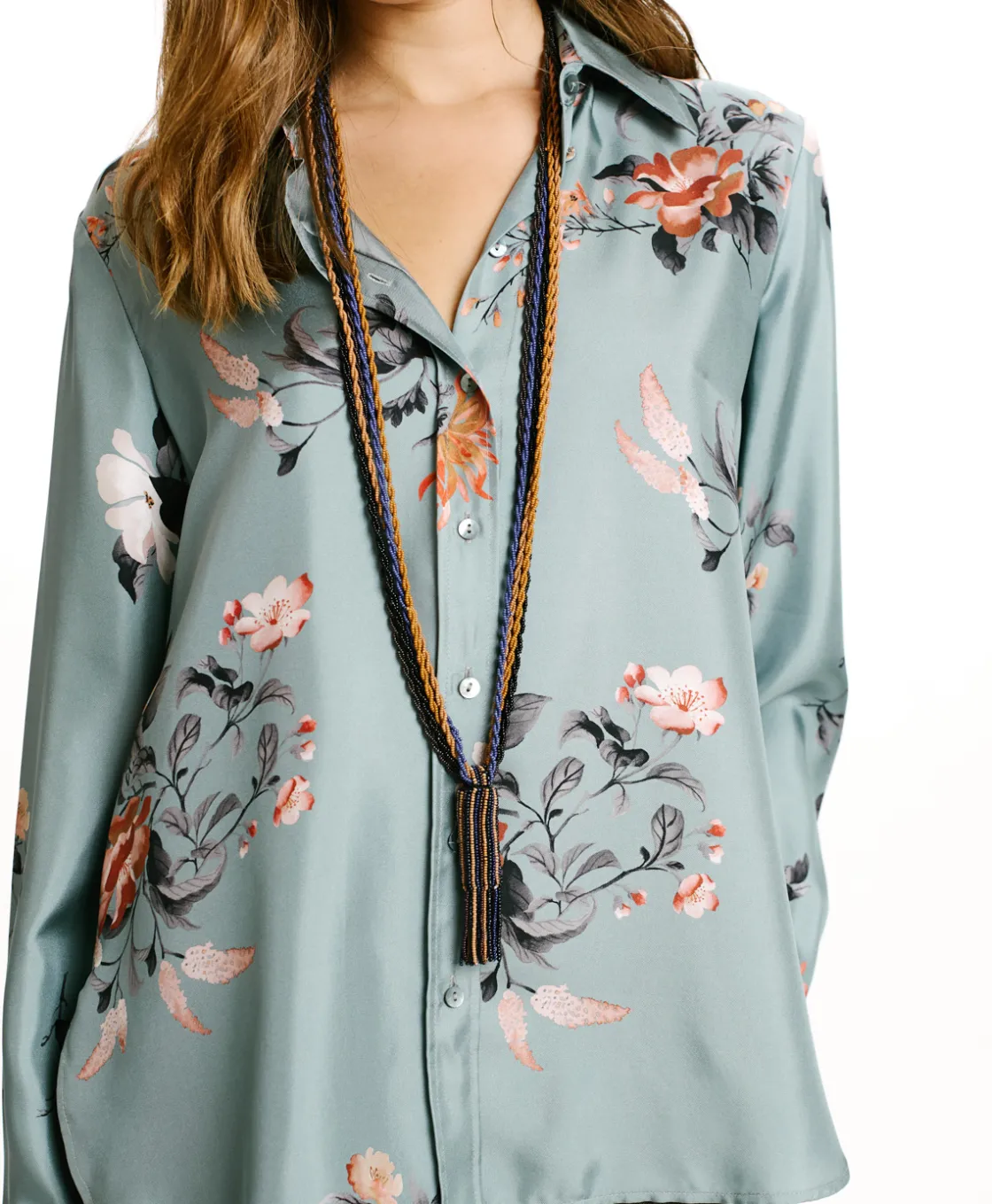 Momoni Chemises Et Blouses*CHEMISIER ARLES EN SERGÉ DE SOIE IMPRIMÉ - BLEU CLAIR/TABAC LightBlue/Tobaco