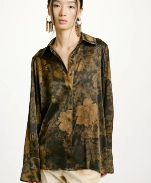 Momoni Chemises Et Blouses*CHEMISIER HAKINARI EN SATIN STRETCH IMPRIMÉ - Noir/Olive