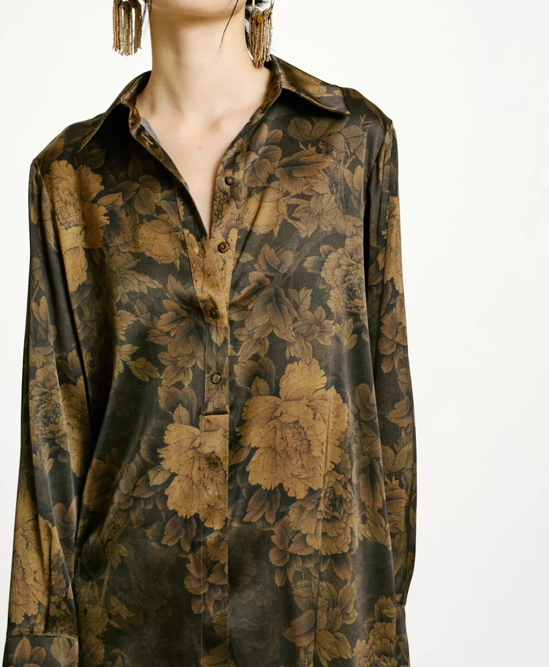 Momoni Chemises Et Blouses*CHEMISIER HAKINARI EN SATIN STRETCH IMPRIMÉ - Noir/Olive