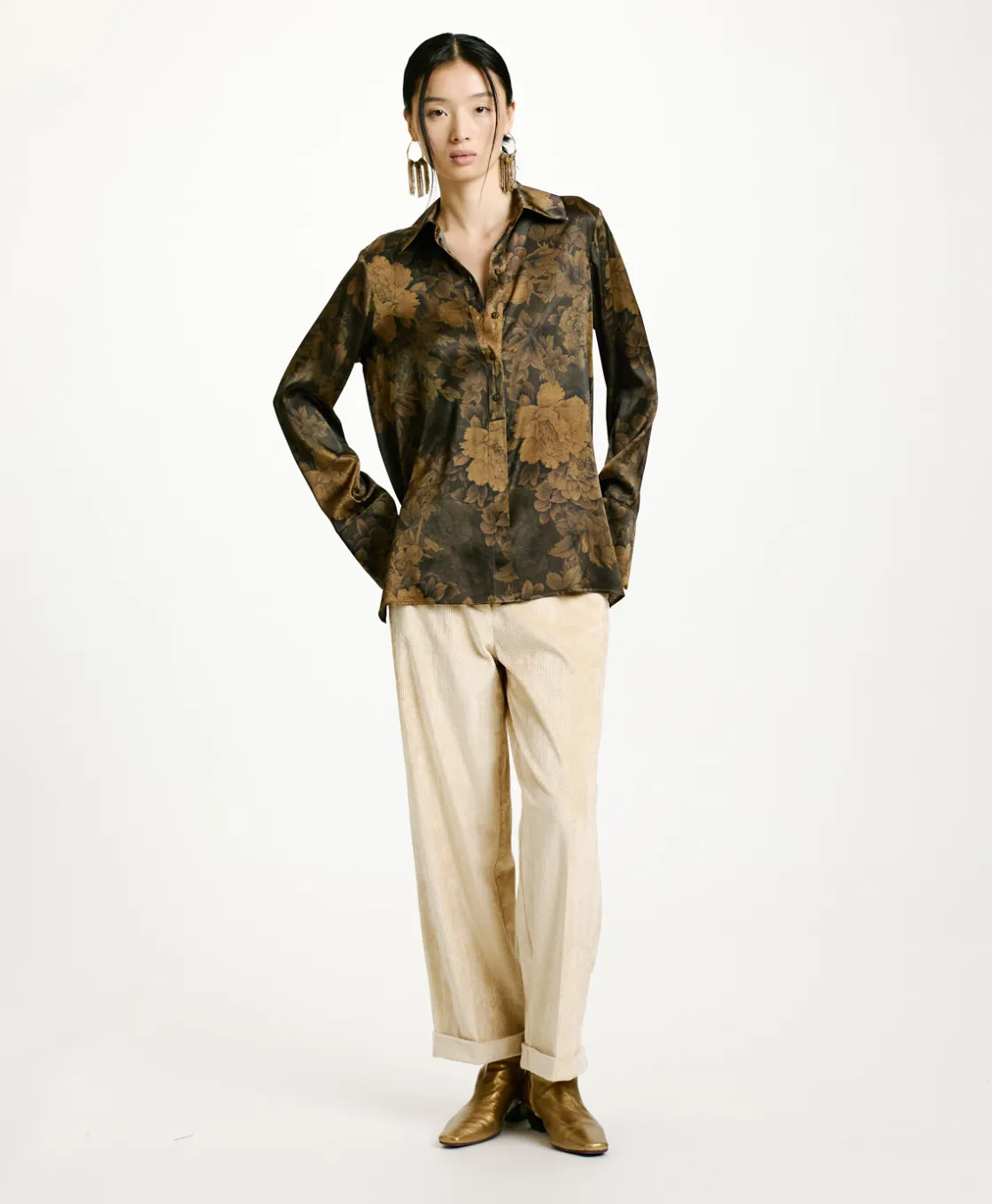 Momoni Chemises Et Blouses*CHEMISIER HAKINARI EN SATIN STRETCH IMPRIMÉ - Noir/Olive