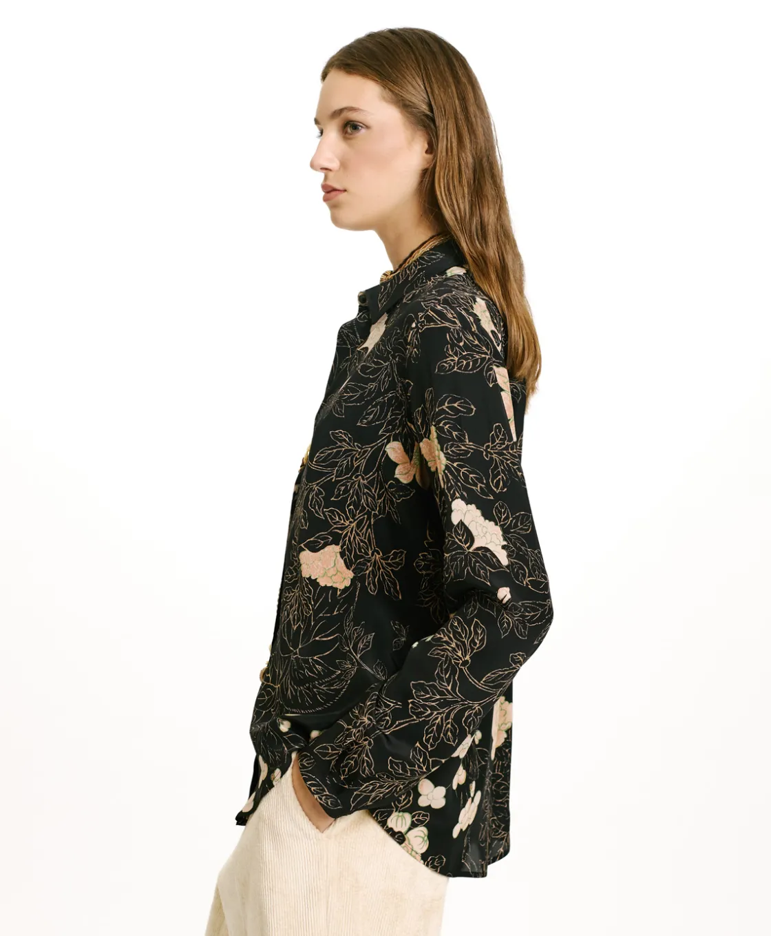 Momoni Chemises Et Blouses*CHEMISIER MEUDON EN CRÊPE DE CHINE IMPRIMÉ - NOIR/ROSE POUDRÉ Noir/RosePoudré