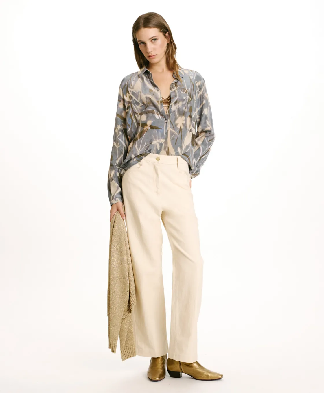 Momoni Chemises Et Blouses*CHEMISIER MEUDON EN CRÊPE DE CHINE IMPRIMÉ - BLEU POUSSIÉREUX/CRÈME BleuPoussiéreux/Crème