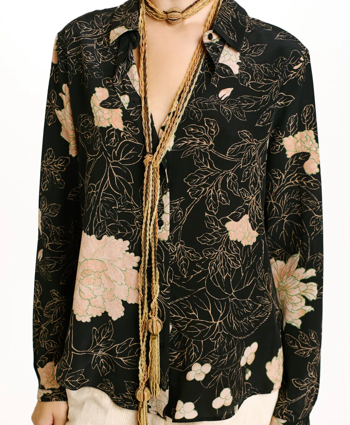 Momoni Chemises Et Blouses*CHEMISIER MEUDON EN CRÊPE DE CHINE IMPRIMÉ - NOIR/ROSE POUDRÉ Noir/RosePoudré