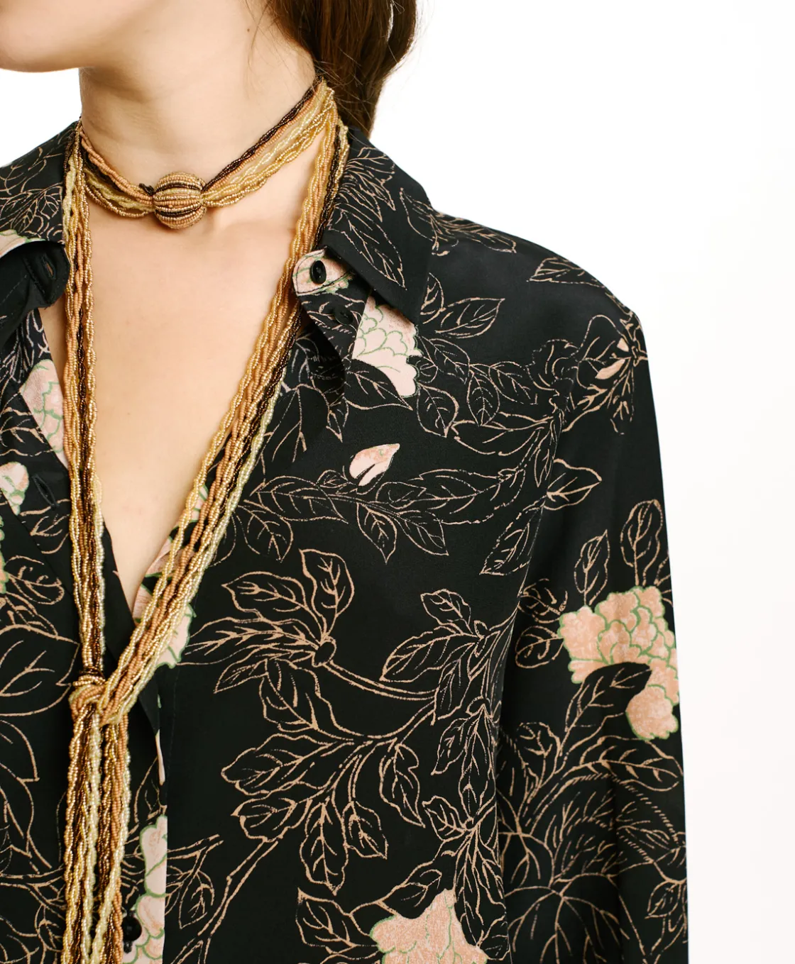 Momoni Chemises Et Blouses*CHEMISIER MEUDON EN CRÊPE DE CHINE IMPRIMÉ - NOIR/ROSE POUDRÉ Noir/RosePoudré