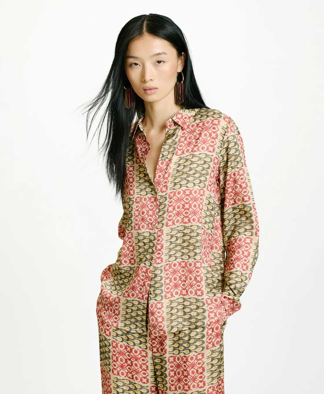 Momoni Chemises Et Blouses*CHEMISIER MEUDON EN VISCOSE JACQUARD IMPRIMÉE - Militaire/Corail