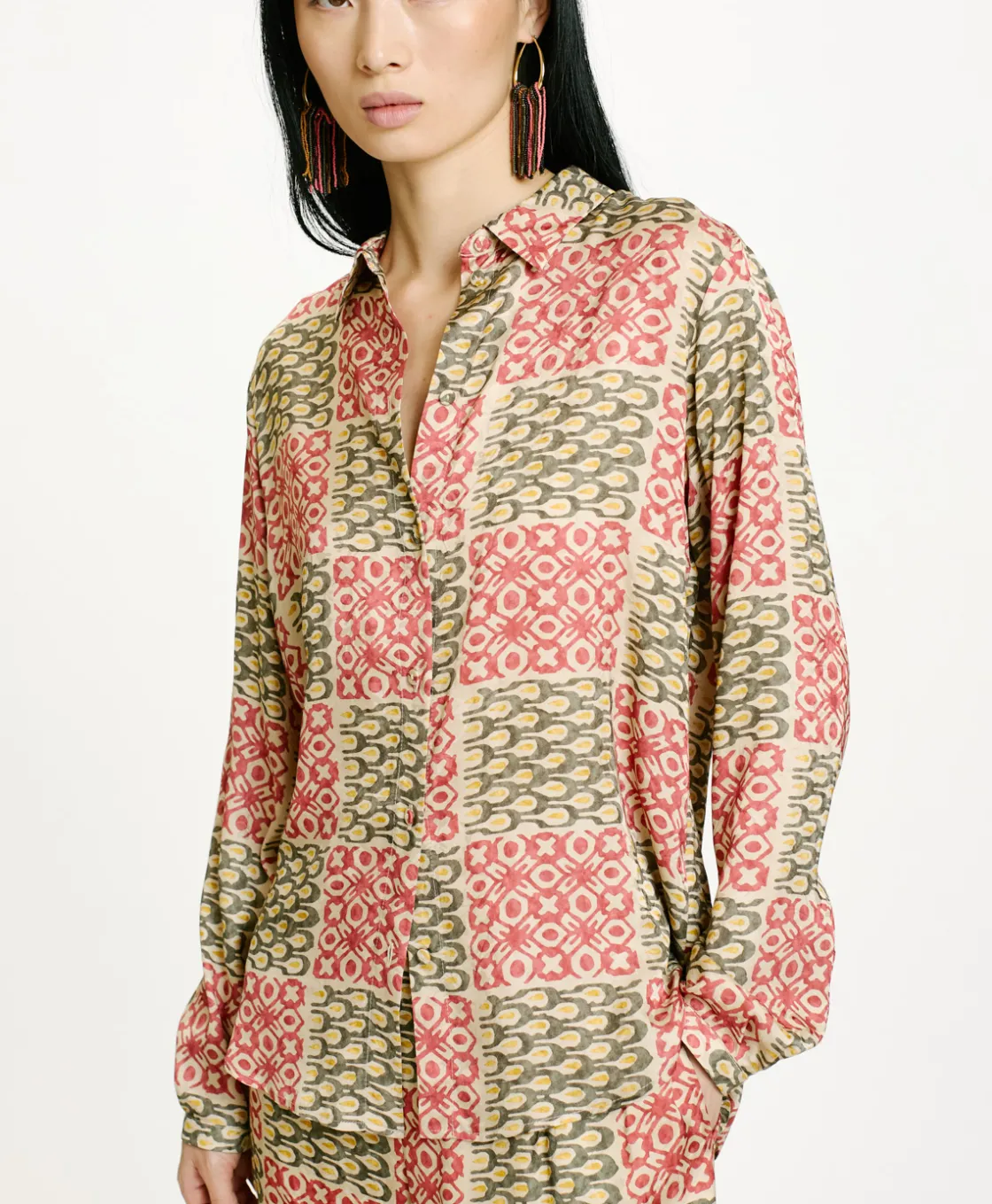 Momoni Chemises Et Blouses*CHEMISIER MEUDON EN VISCOSE JACQUARD IMPRIMÉE - Militaire/Corail