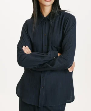 Momoni Chemises Et Blouses*CHEMISIER SADAO EN SERGÉ DE LAINE RAYÉ - Bleu