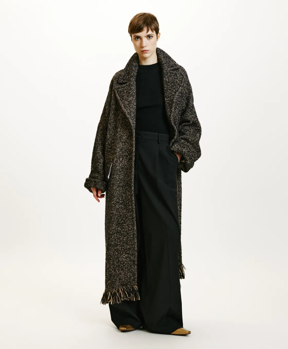 Momoni Manteaux*MANTEAU DORAYAKI EN NATTE LAINE ALPAGA À FRANGES - Noir/Écru