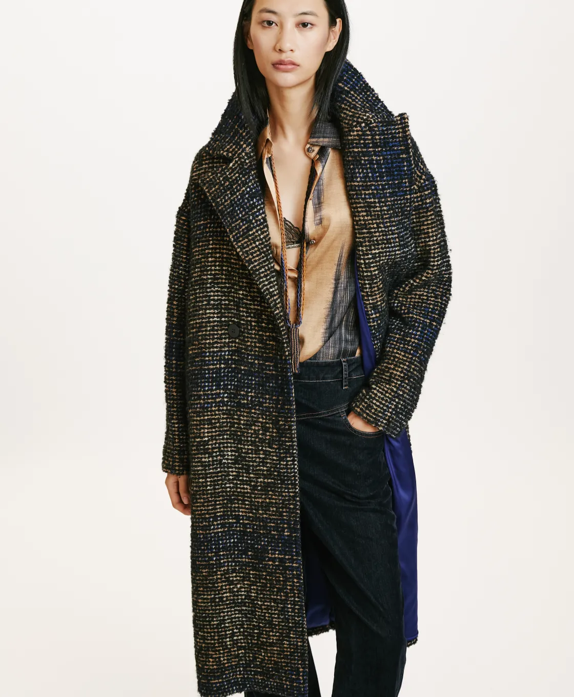 Momoni Manteaux*MANTEAU FONTAINEBLEAU EN CARREAUX BOUCLÉ - Noir/Bleu