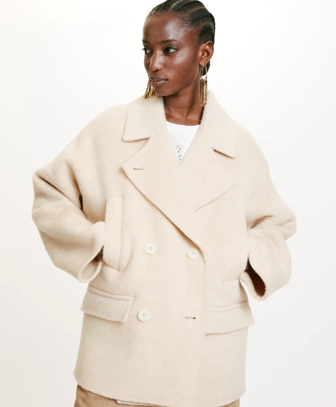 Momoni Manteaux*MANTEAU ICHIKA BIS EN PANNE DOUBLE LAINE ALPAGA - Beige