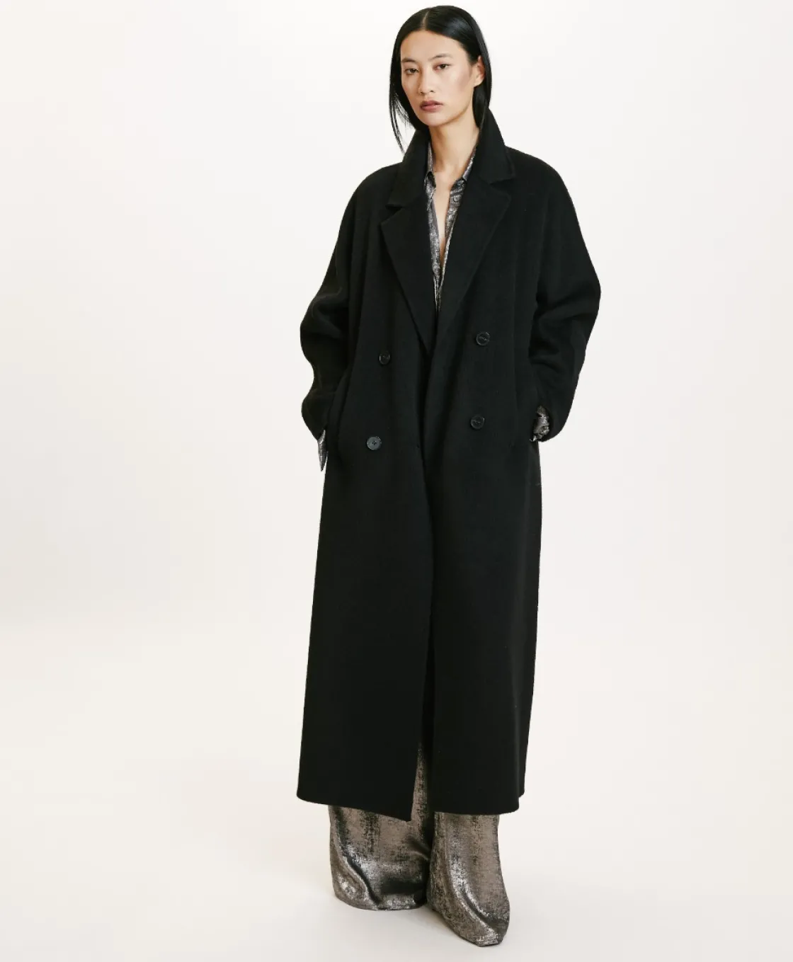 Momoni Manteaux*MANTEAU SAKURA EN PANNE DOUBLE LAINE ALPAGA - Noir