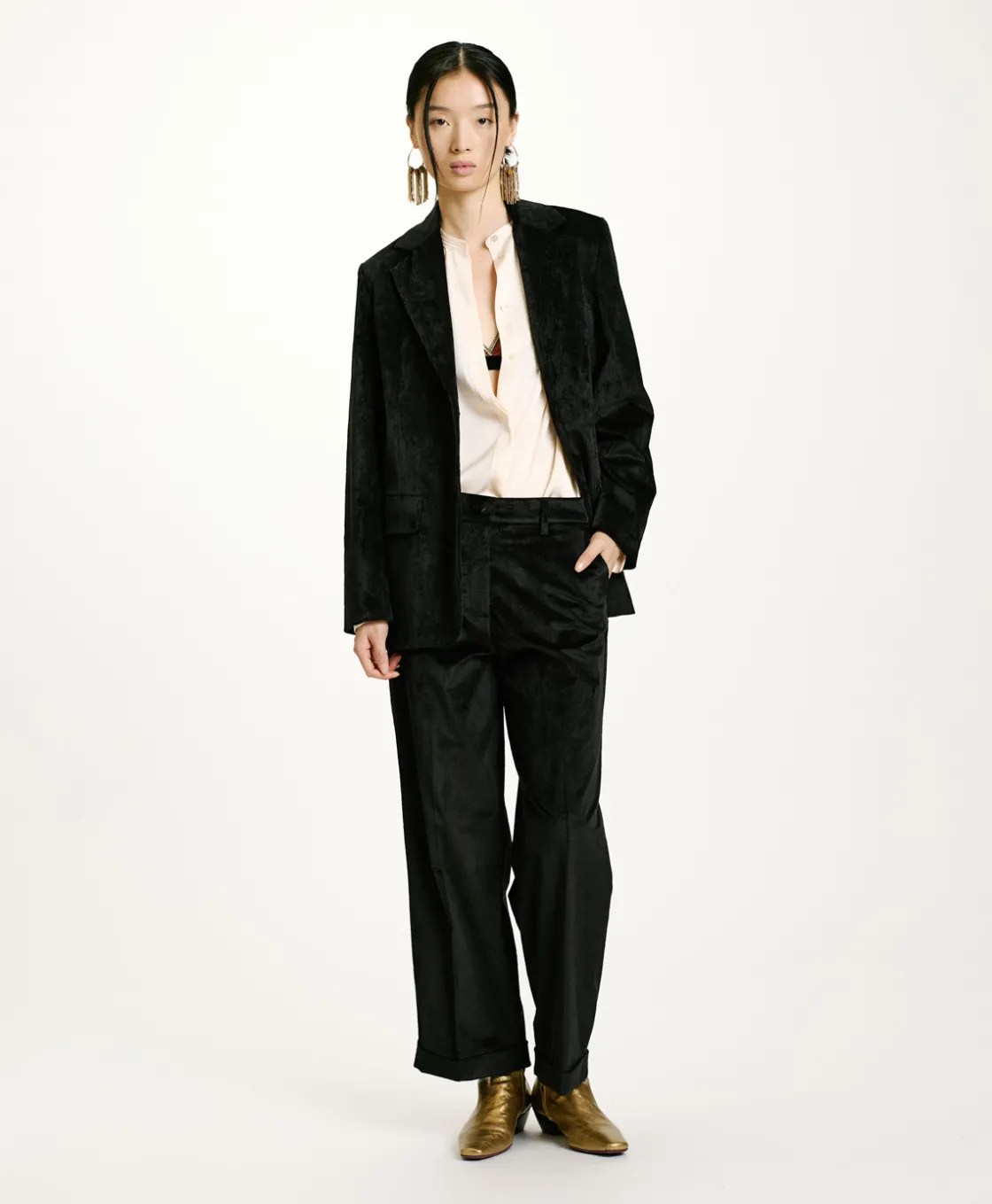 Momoni Pantalons*PANTALON DANGO EN VELOURS CÔTELÉ STRETCH - Noir