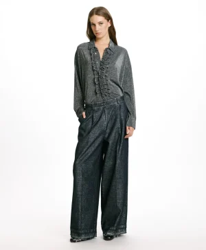 Momoni Pantalons*PANTALON KYOTO EN DENIM LAMINÉ - Bleu/Argent