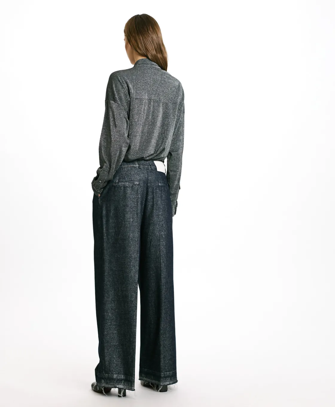 Momoni Pantalons*PANTALON KYOTO EN DENIM LAMINÉ - Bleu/Argent