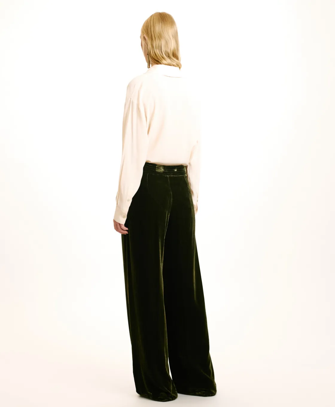 Momoni Costumes*PANTALON PASCAL EN VELOURS MÉLANGE DE SOIE LISSE - VERT MATCHA VertMatcha