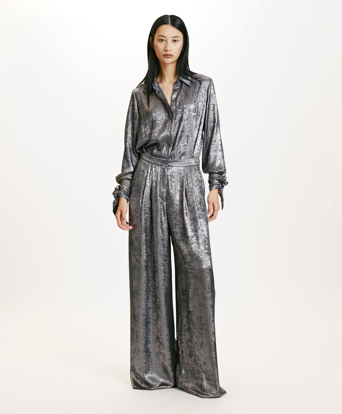 Momoni Pantalons*PANTALON PATRICE EN LAMINÉ FLUIDE - Argent
