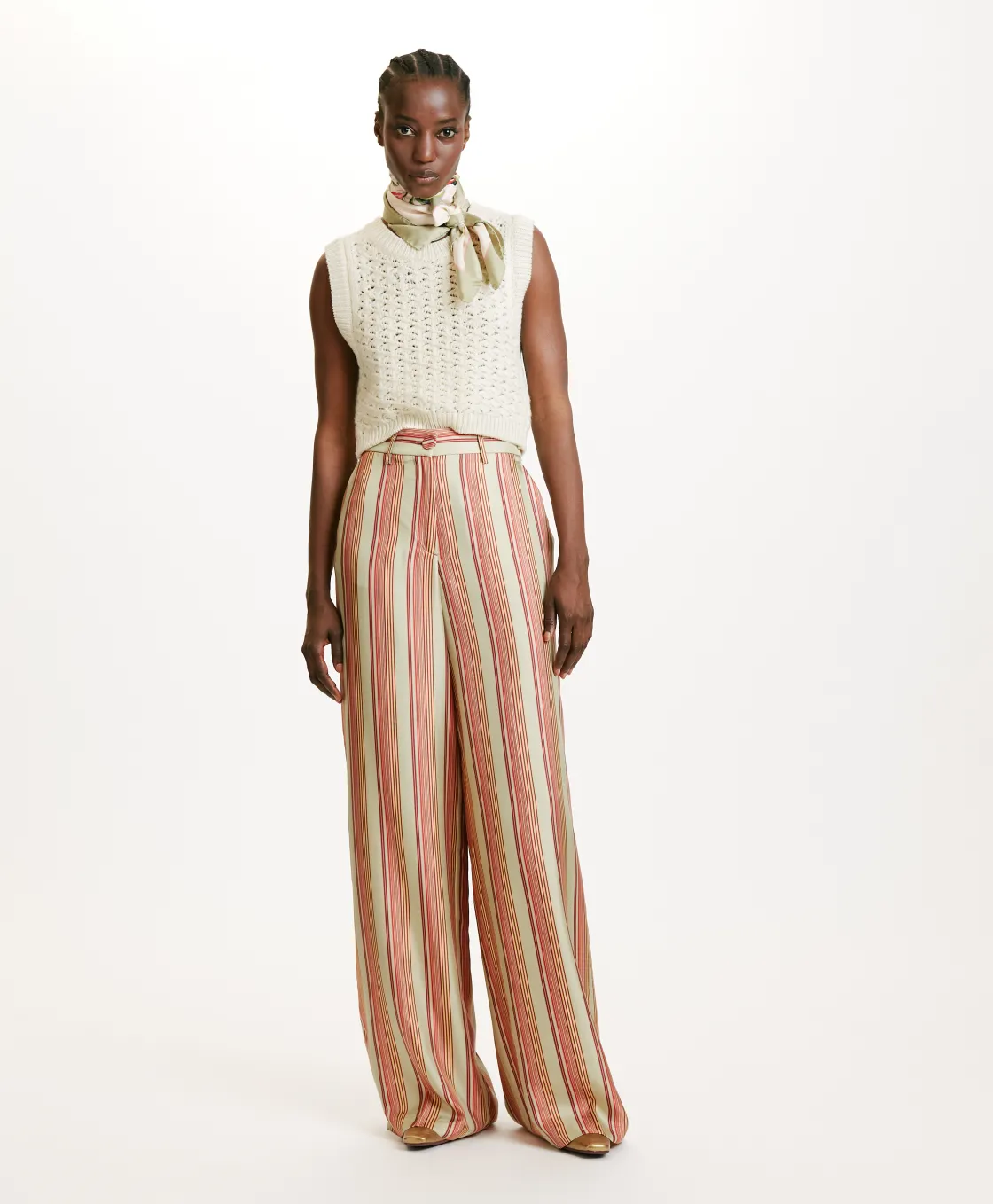 Momoni Pantalons*PANTALON SANSEI EN SERGÉ DE SOIE IMPRIMÉ - VERT AQUA/ROUGE VertAqua/Rouge