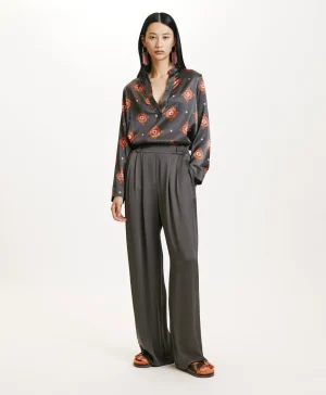 Momoni Pantalons*PANTALONI LANZAROTE BIS 2 EN SOIE LAVÉE - VERT MILITAIRE VertMilitaire