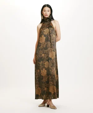 Momoni Robes*ROBE AKENO EN SATIN STRETCH IMPRIMÉ - Noir/Olive