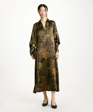 Momoni Robes*ROBE KIKYO EN SATIN STRETCH IMPRIMÉ - NOIR/OLIVE