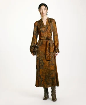 Momoni Robes*ROBE MIWA EN VISCOSE JACQUARD IMPRIMÉE - Tabac/Olive