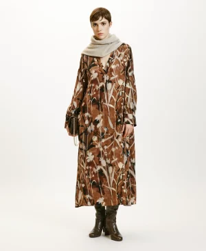 Momoni Robes*ROBE NAO EN CRÊPE DE CHINE IMPRIMÉ - CACAO/CRÈME Cacao/Crème