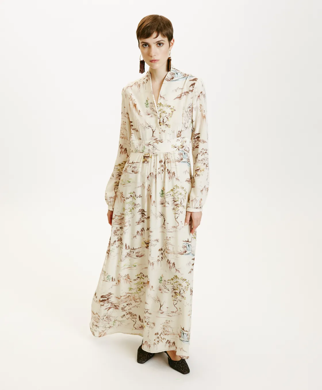 Momoni Robes*ROBE SUITA EN CRÊPE DE CHINE IMPRIMÉ - CRÈME/TABAC Crème/Tabac