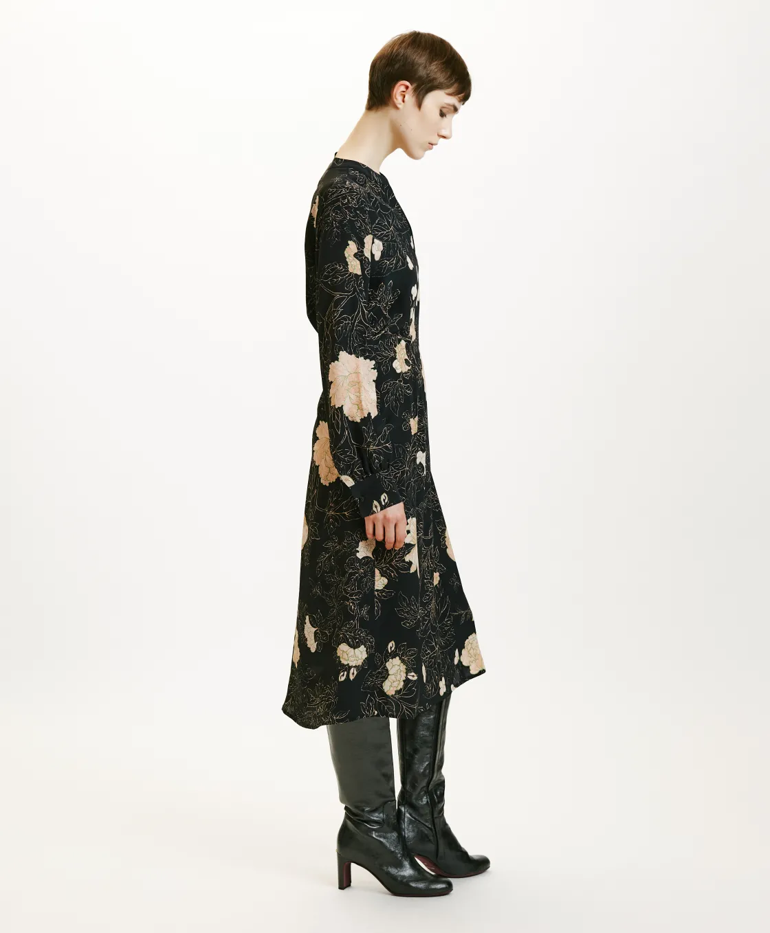 Momoni Robes*ROBE WANI EN CRÊPE DE CHINE IMPRIMÉ - NOIR/ROSE POUDRÉ Noir/RosePoudré