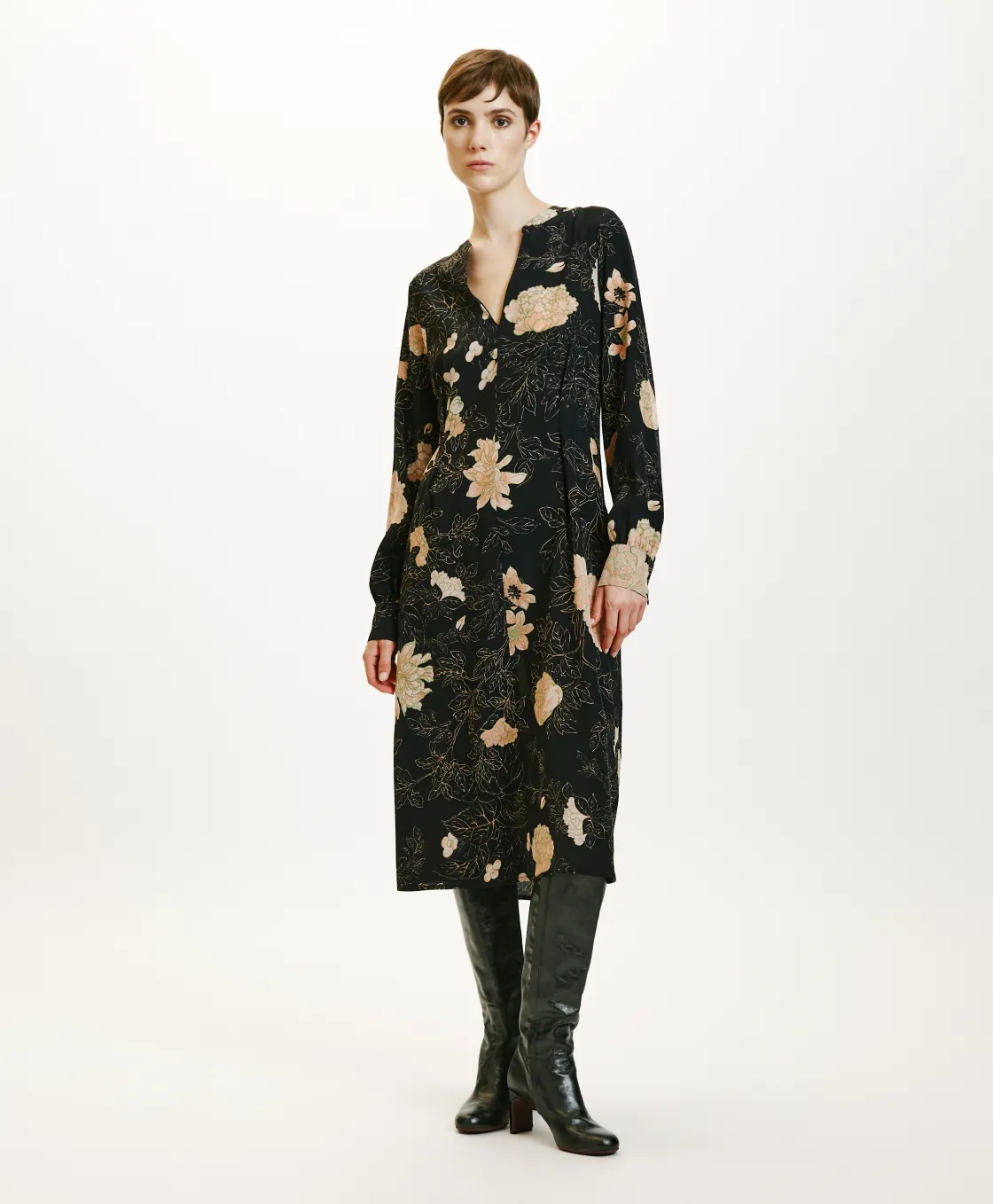 Momoni Robes*ROBE WANI EN CRÊPE DE CHINE IMPRIMÉ - NOIR/ROSE POUDRÉ Noir/RosePoudré