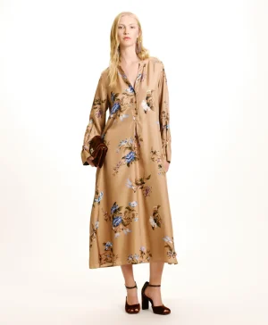 Momoni Robes*ROBE YUI EN SERGÉ DE SOIE IMPRIMÉ - Tabac/Bluette