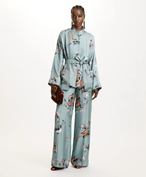 Momoni Vestes*VESTE JAPONIKA EN SERGÉ DE SOIE IMPRIMÉ - BLEU CLAIR/TABAC LightBlue/Tobaco