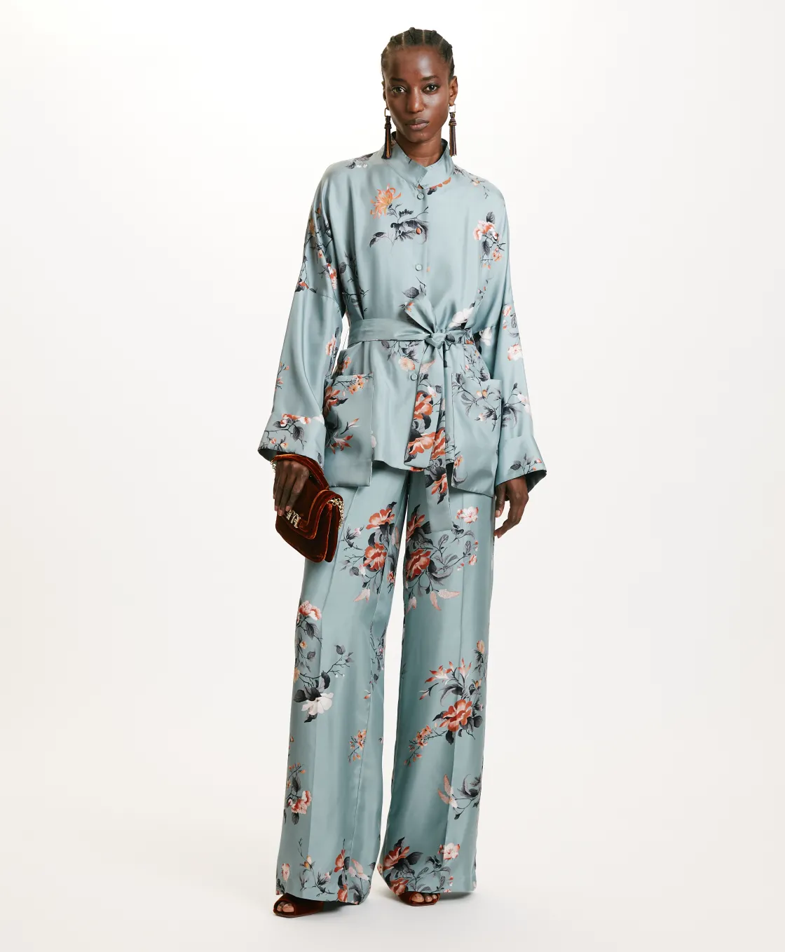 Momoni Vestes*VESTE JAPONIKA EN SERGÉ DE SOIE IMPRIMÉ - BLEU CLAIR/TABAC LightBlue/Tobaco