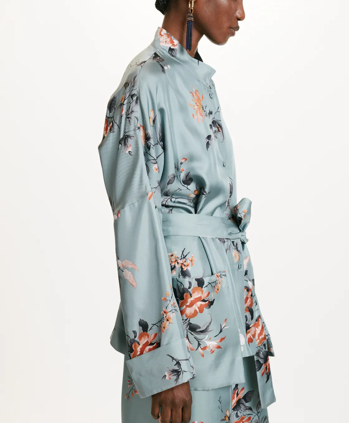 Momoni Vestes*VESTE JAPONIKA EN SERGÉ DE SOIE IMPRIMÉ - BLEU CLAIR/TABAC LightBlue/Tobaco