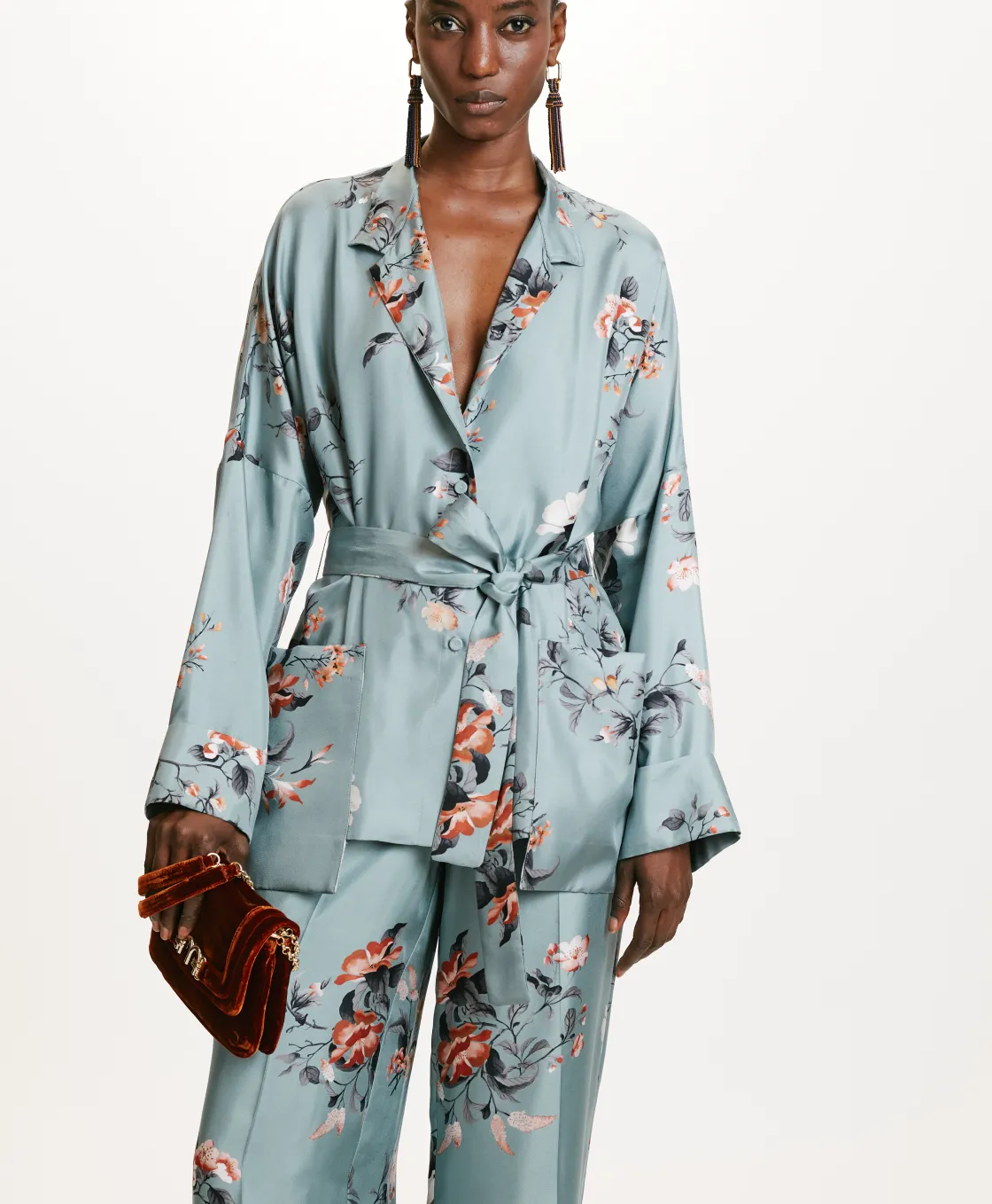 Momoni Vestes*VESTE JAPONIKA EN SERGÉ DE SOIE IMPRIMÉ - BLEU CLAIR/TABAC LightBlue/Tobaco